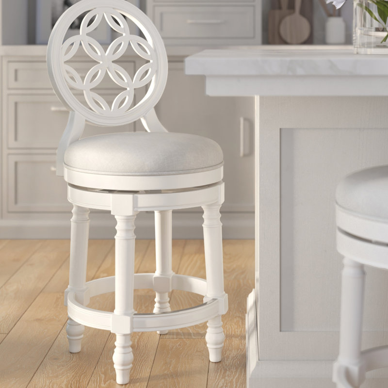 Tabouret de bar à hauteur de comptoir en bois blanc de 26 po, dossier haut, siège rond rembourré pivotant, retour automatique à 180 degrés, pieds tournés rembourrés avec anneau en métal pour repose-pieds, siège de poids de 48,19 lb