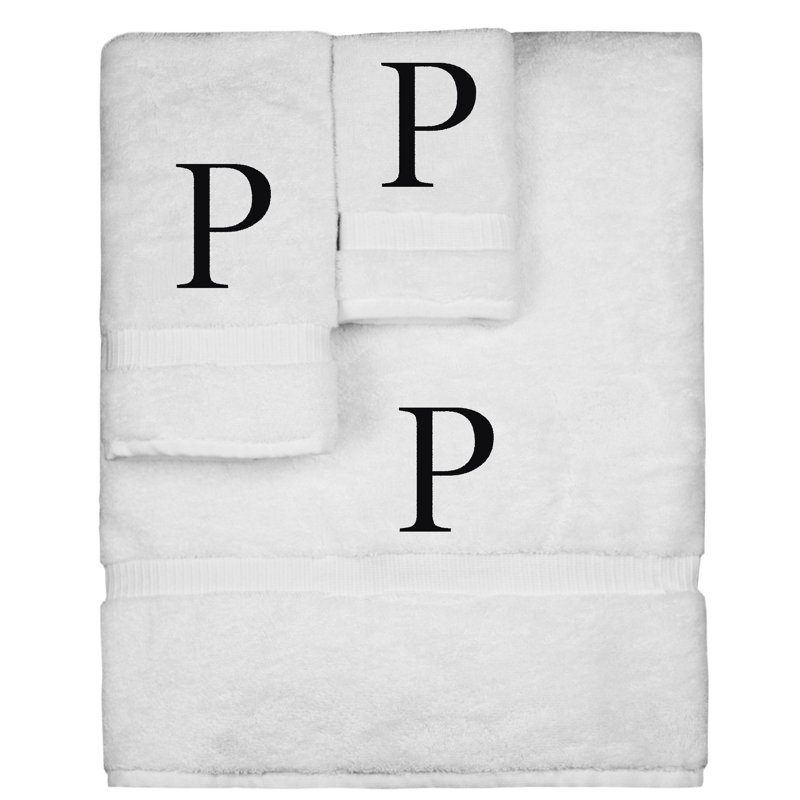Ensemble de serviettes monogrammées - ensemble de 3 - lettre-bloc, P, Blanc / noir