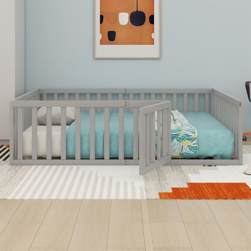 Full Size Wood Daybed Frame with Fence, Gray（No Slat）, Full, Gray
