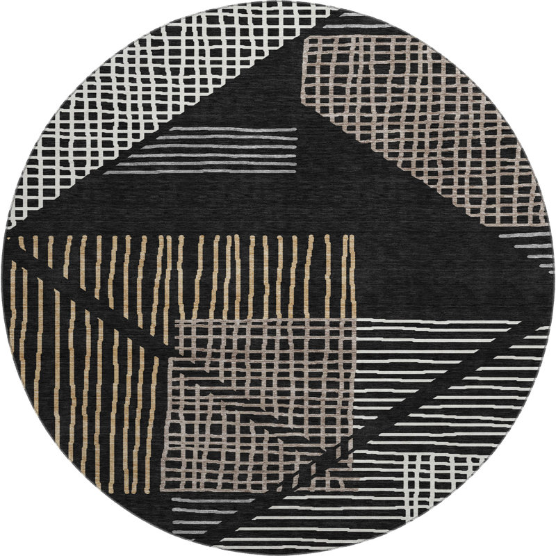 Premium Machine Washable Mayfield AMF2270 Striped Rug, 8' Round, Black