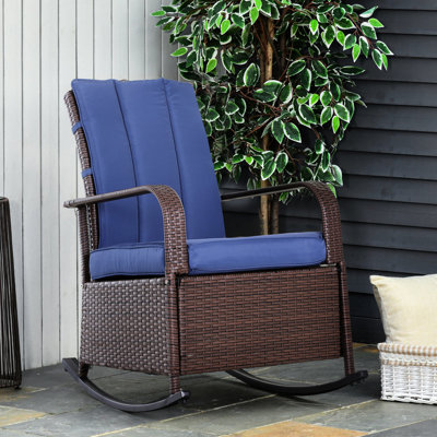 Outdoor Rocking Chair With Adjustable And Footrest, Blue Cushions For Garden, Backyard, Porch Reclining Cushioned Patio,