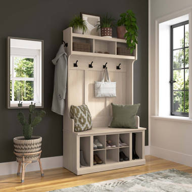 Kathy Ireland Home by Bush Furniture Woodland 40W Entryway Bench with Doors and Wall Mounted Coat Rack in White Ash