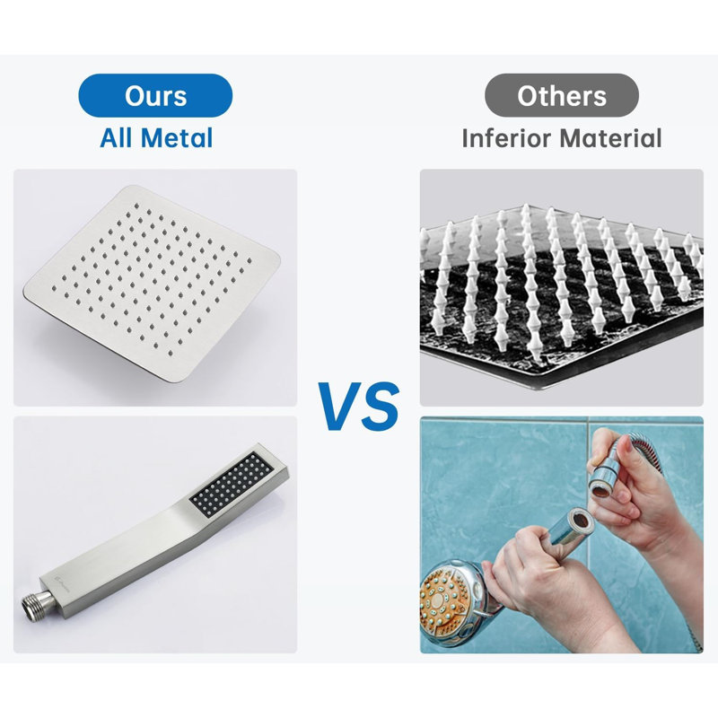 Brushed Nickel Dual Square Rain Shower Head with Handheld Wand
