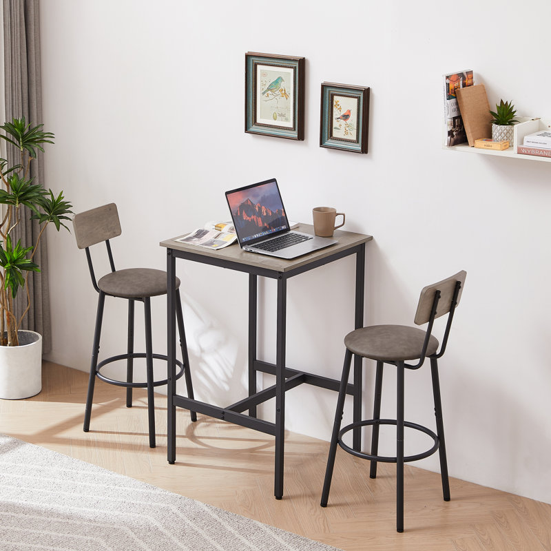 Ensemble de table de bar rustique avec 2 tabourets de bar en cuir PU, Gris