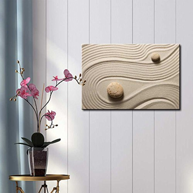 Zen Stones, deux pierres dans un jardin de roches japonaises d'en haut avec un motif de serpent ratissé - reproduction de photo sur toile tendue