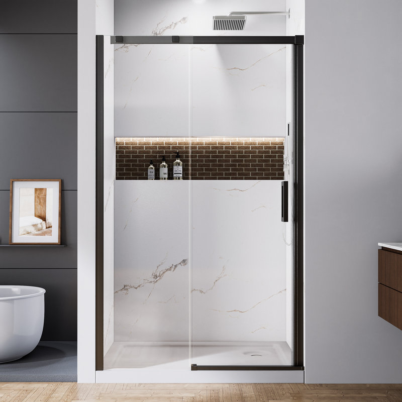 44"-48"W X 74"H Single Sliding Semi-Frameless Shower Door With Clear Glass, Matte Black
