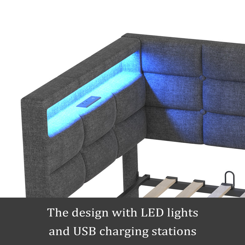 Lit de jour simple avec rangement 2 tiroirs et station de charge, structure de lit de jour avec lumières DEL et tête de lit, aucun sommier nécessaire