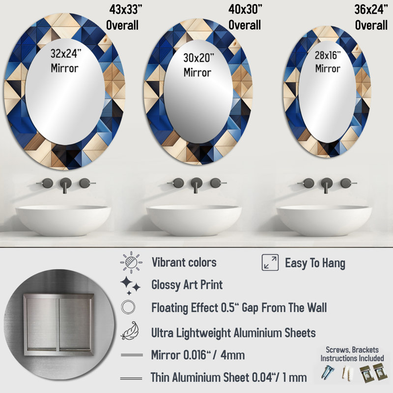 Staudt - Miroir mural ovale bleu, H 36 po x l 24 po