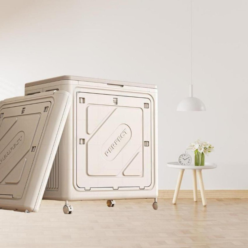 Organisateur de vêtements pliable de grande capacité avec roulettes et couvercle, Beige