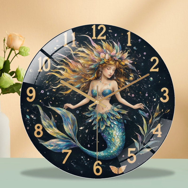 Horloge murale sirène avec chiffres dorés - horloge murale moderne en verre 12 po