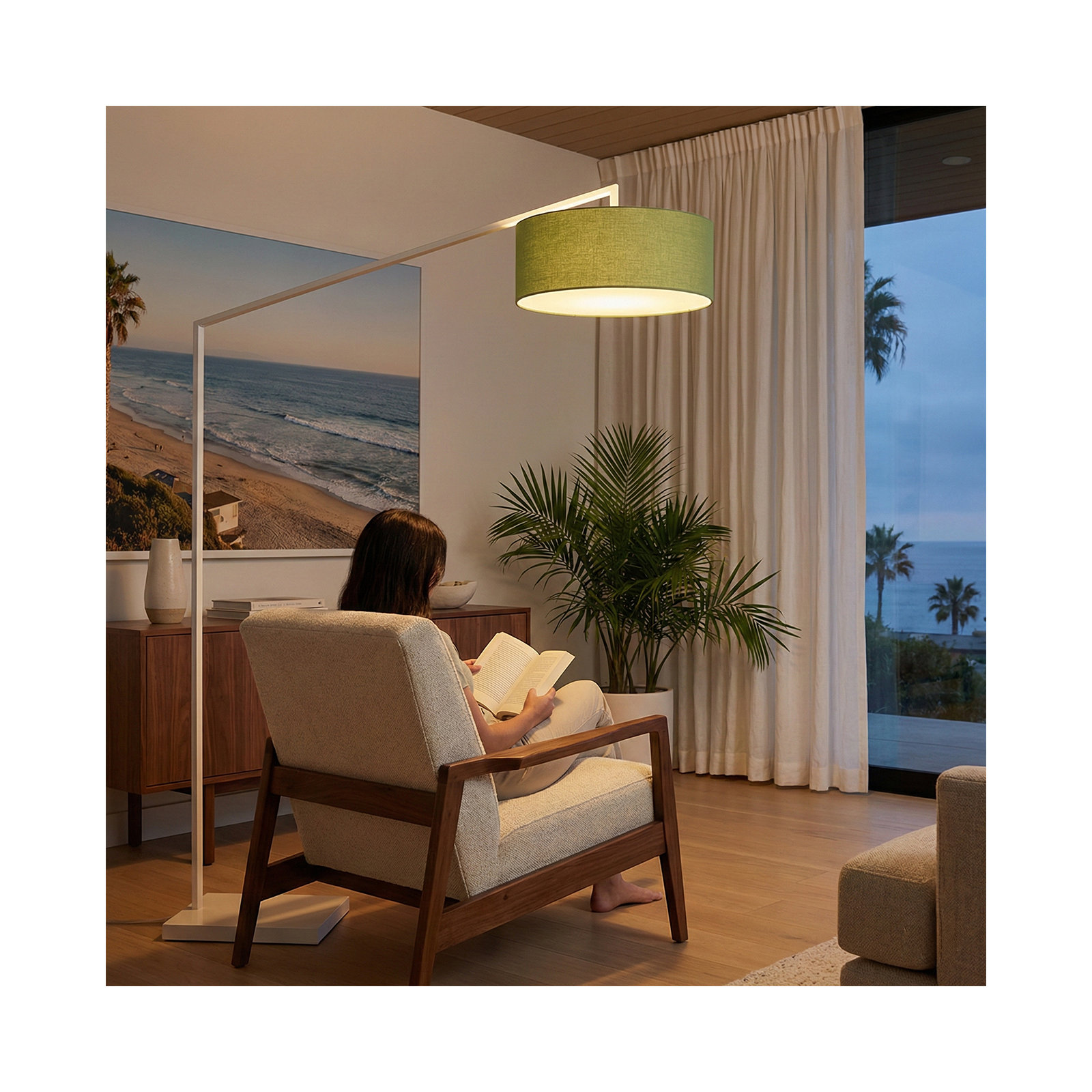 Stretch 87" Arc Floor Lamp, Drum Shade & Body, Dimmable, Avocado