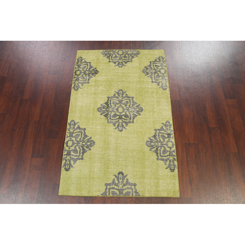 Tapis vert en laine noué à la main de conception unique 3 pi 7 po x 5 pi 7 po