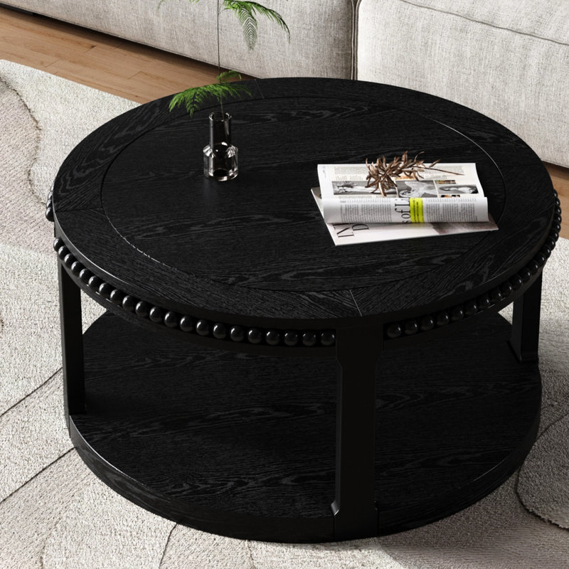 Table basse ronde en bois massif avec rangement à 2 niveaux, noir, design américain, pieds, égratigné, table de 31,5 pouces avec installation en 15 minutes, deux tablettes ouvertes de 100 lb par tablette, finition laquée