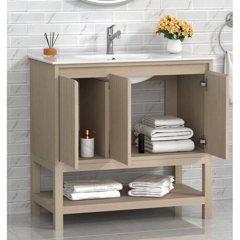 Meuble-lavabo simple 36 po avec comptoir en porcelaine Mena pré-assemblé