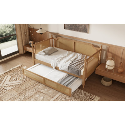 Traditional Style Rattan Daybed with Trundle for Limited Space, Guest Room