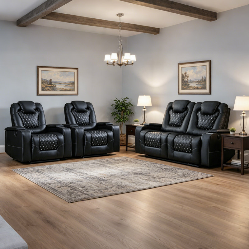 Ensemble de salon de cinéma inclinable électrique 3 pièces avec 2 fauteuils inclinables + causeuse avec ports USB, porte-gobelets, compartiments de rangement