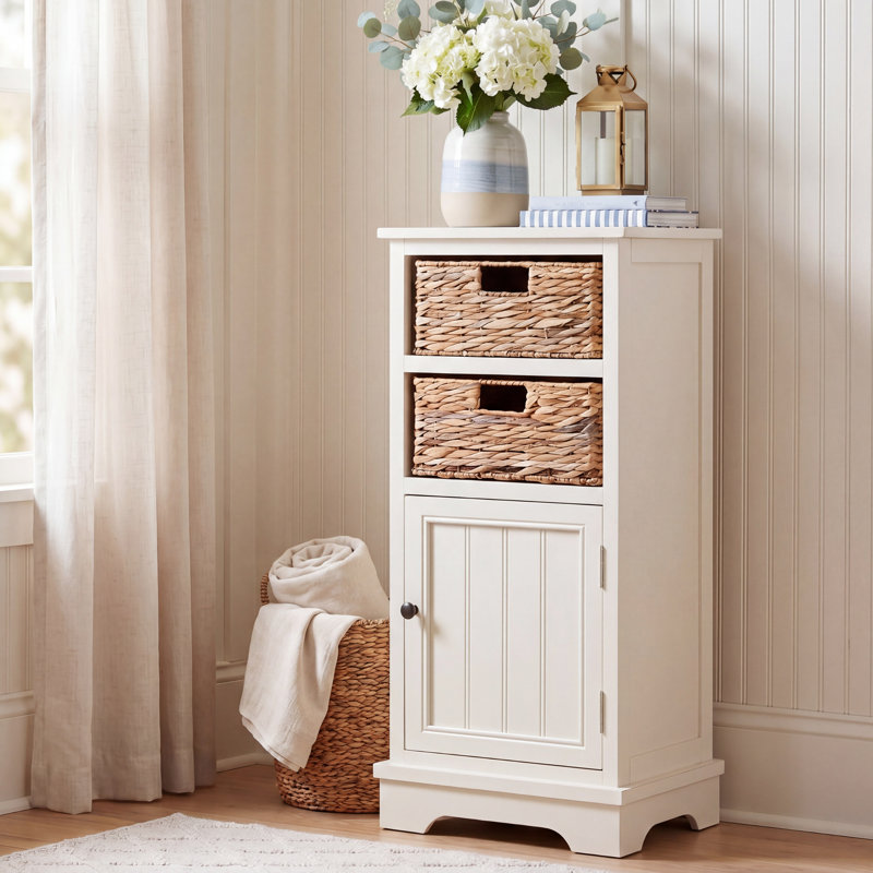 Rustic Painswick Farmhouse Accent Cabinet –Modern Pine Wood with Wicker Baskets & Functional Storage, Vintage White