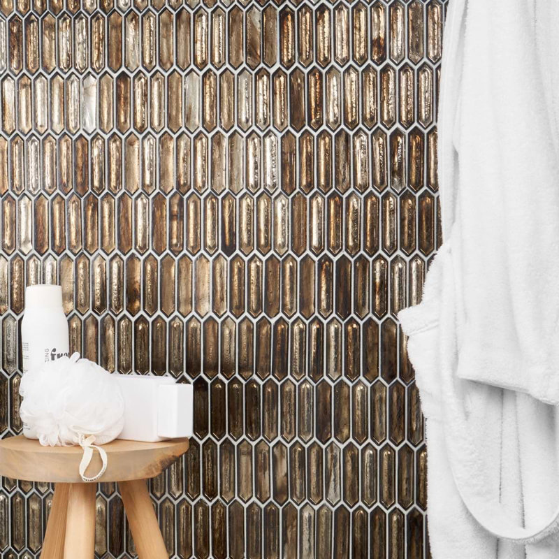 Komorebi 1X3 Picket Polished Glass Mosaic Tile, Canal Golden Brown