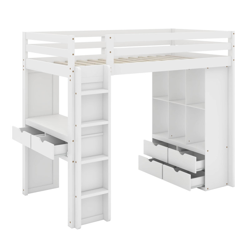 Lit mezzanine double avec grandes tablettes, bureau et lumière DEL, Blanc, Lit double