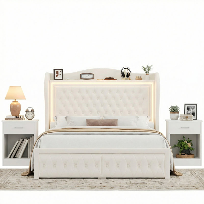 Ensemble de chambre à coucher 3 pièces, lit plateforme tapissier en velours avec éclairage à DEL et 2 tiroirs de rangement sous le lit, 2 tables de chevet avec tiroirs