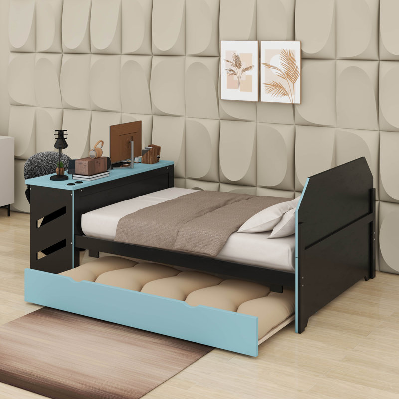 Full Size Wood Daybed With Trundle,Desk And USB, Cloud Blue