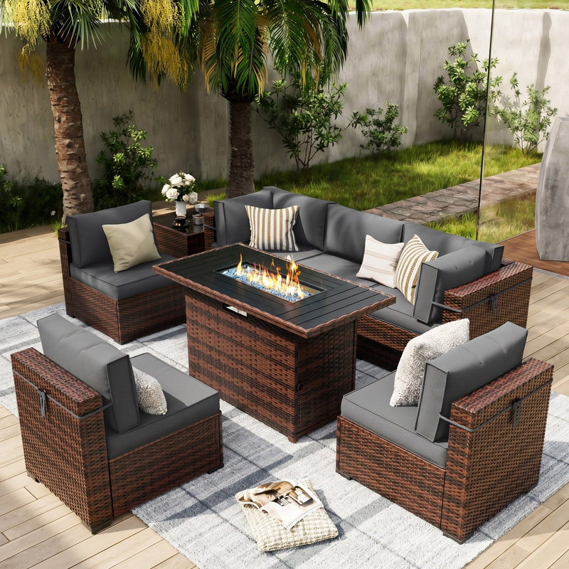 Romanas 8 Piece Patio Conversation Sets With Fire Pit Table, Gray
