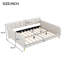 Grand lit de jour beige, revêtu de lin, 4 pieds de soutien, structure solide, polyvalent pour la décoration intérieure, lit de jour beige de construction, design moderne, assise et sommeil confortables, facile à poser