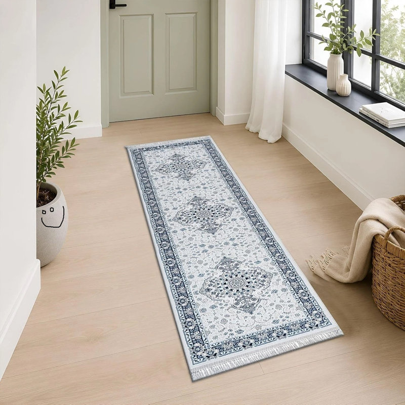 Runner 80 cm x 300 cm Floral and Oriental Kilim, Blue