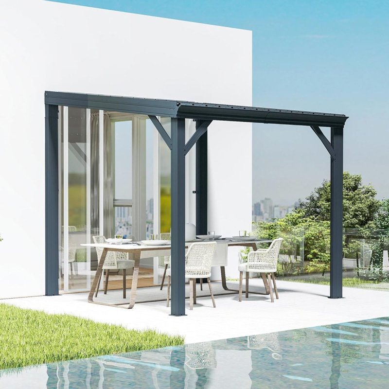 10' X 10' Lean To Gazebo, Wall Mounted Gazebos Pergola With Built In Drainage System, Galvanized Steel Roof, Hardtop Patio Shelter For Deck, Porch, Backyard And More