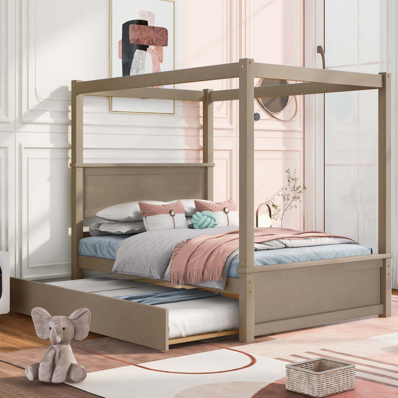 Wood Canopy Bed With Trundle Bed, Light Brown