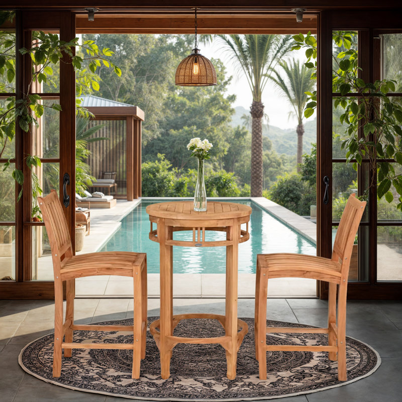 Ensemble bistro en teck avec table de bar ronde et tabourets Abacho, H 43 po x L 27 po x l 27 po, 2