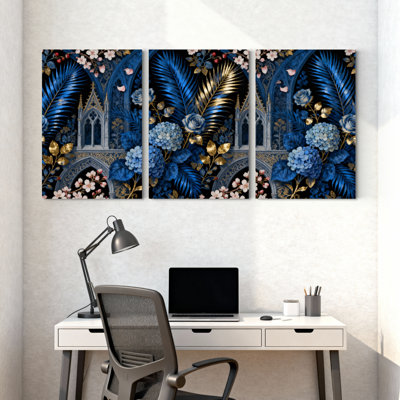 Plantes et fleurs, arche gothique florale avec ensemble de 3 impressions murales sur toile