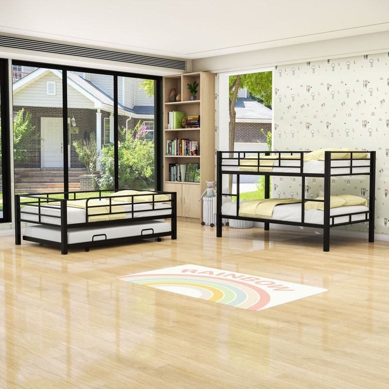 Heavy-Duty Twin Metal Triple Bunk Bed With Twin Trundle, Black