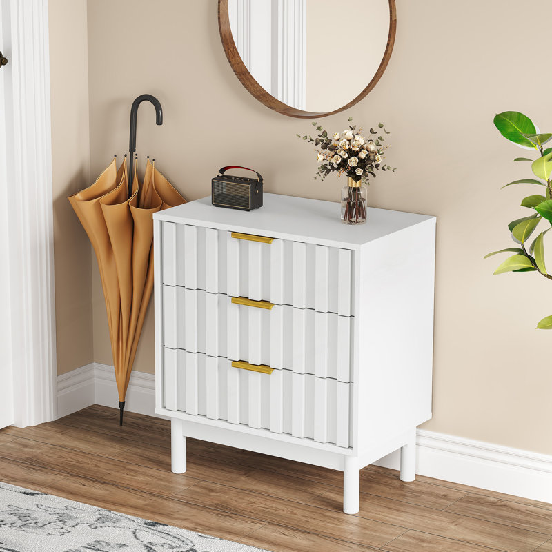 Commode 3 tiroirs avec panneau cannelé, commode moderne avec poignée chic, grande table de chevet
