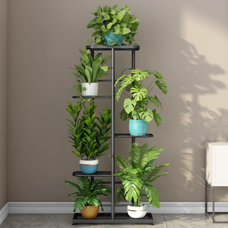 Support pour plante d'intérieur et d'extérieur en métal à 5 niveaux et 6 pots de fleurs multiples, Gris