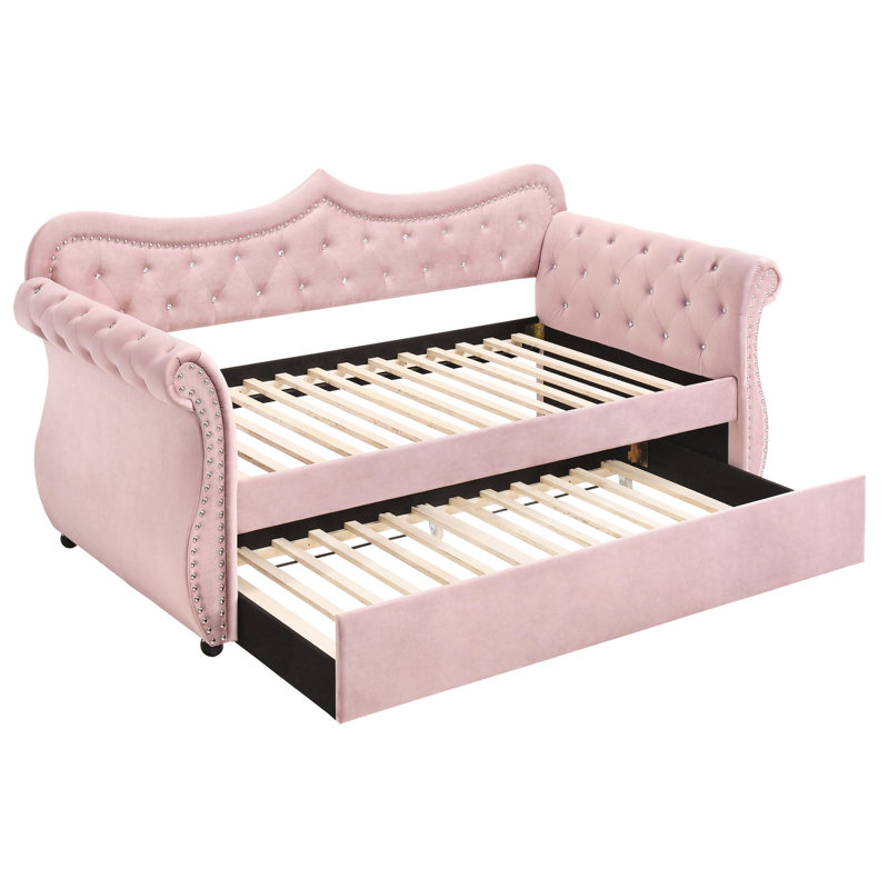 Twin Size Daybed With Pink Upholstery And Trundle, Contemporary Bedroom Desirable Option, Velvet Fabric, Classy Rolled Arms Upholstered Appealing Quality, Soft Upholstery, Graceful Arm Trim