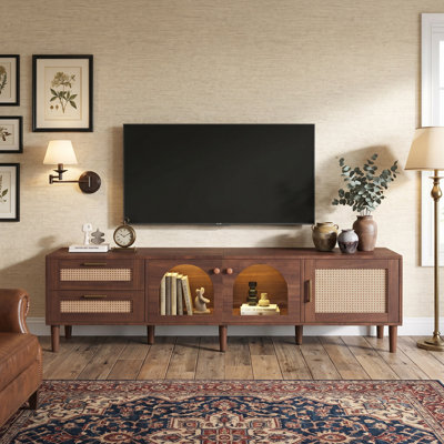 86 inch TV Stand for TVs up to 90"｜Entertainment Center｜Sleek App-Controlled LED Lighting｜2 Drawers & Glass Door Storage｜Modern Media Console for Living Room｜Natural Woven Rattan Appearance
