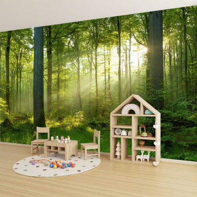 Papier peint adhésif auto-adhésif moderne pour la chambre à coucher Peel and Stick L 96 "x l 69" vert forêt de hêtre naturel illuminé par le soleil brouillard