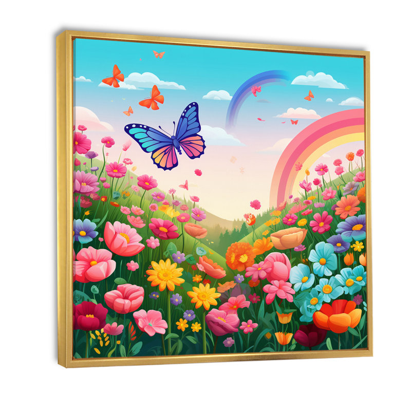 Mauve Butterfles, champ de fleurs arc-en-ciel idyllique I, H 36 po x l 36 po x P 1,5 po, Cadre flottant doré