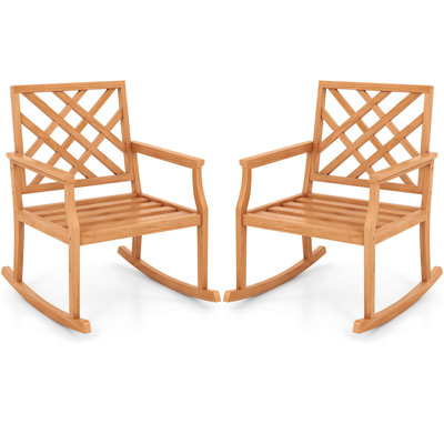 2 Pcs Teak Wood Rocking Chair With Backrest And Slatted Seat Backyard And Lawn