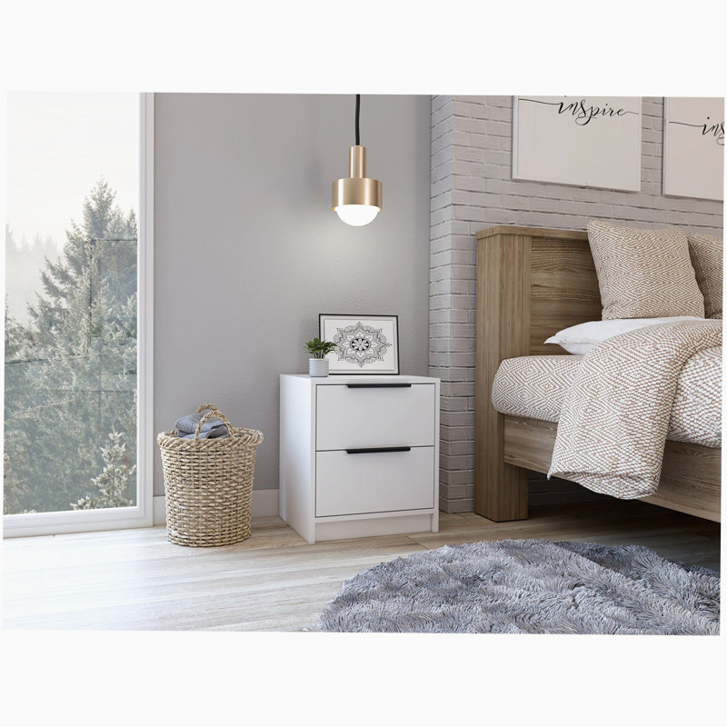 Table de chevet Eter, plateau supérieur, deux tiroirs et tablette ouverte, Blanc