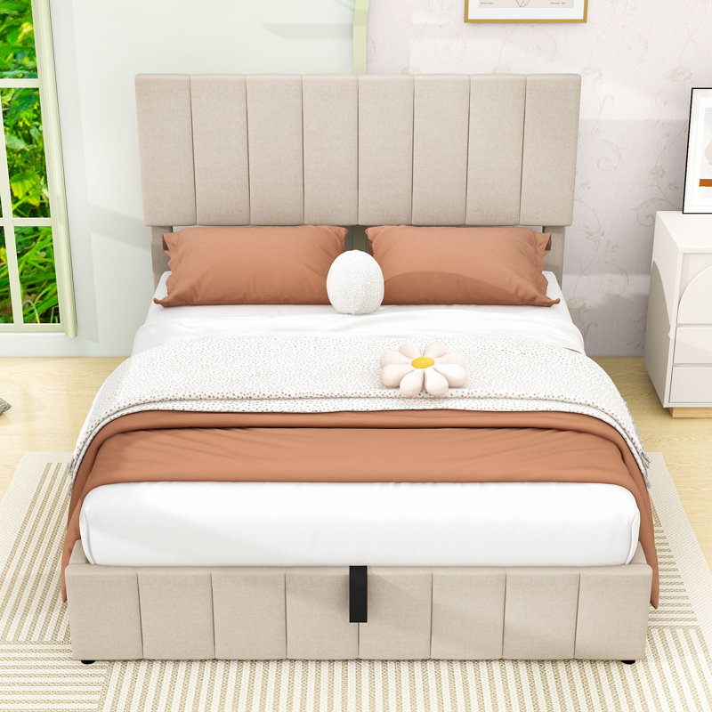 Lit plateforme tapissier avec système de rangement hydraulique et tête de lit, Beige, Grand lit