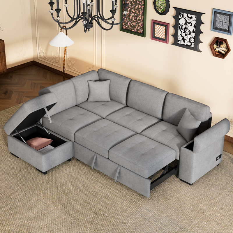Canapé-lit avec rangement caché, accoudoir modulaire en velours gris, velours, confort supérieur