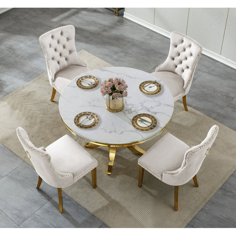 44.88" Round Dining Table Set for , Kitchen Table with Faux Marble Top, Dining Room Table & Velvet Chairs with Stainless Steel Pedestal, Piece Dining Table Set