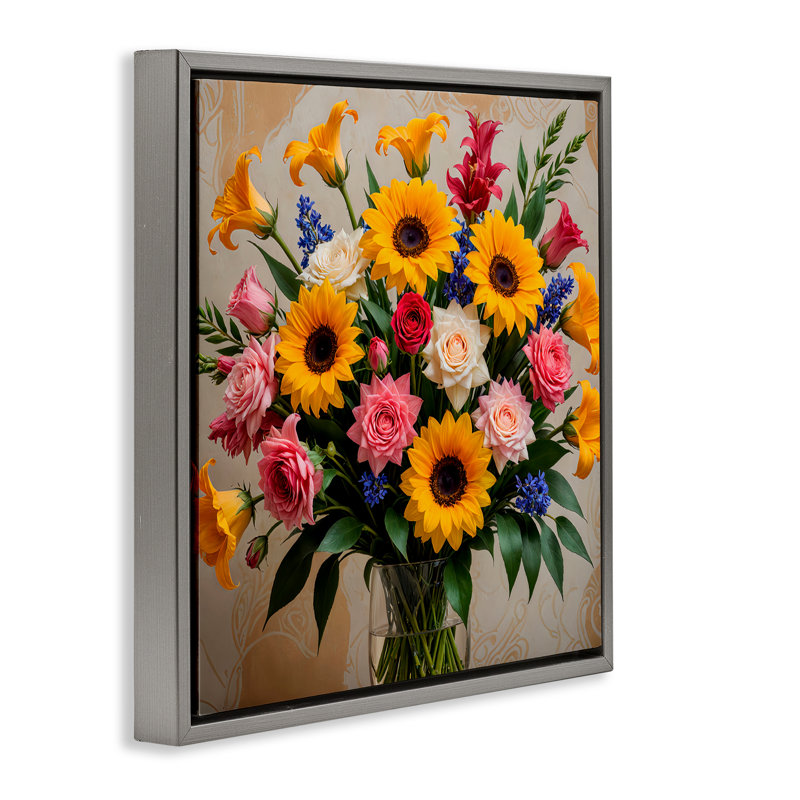 «Bold Sunflowers Mixed Bouquet», Cadre flottant gris lustré, H 25 po x l 25 po