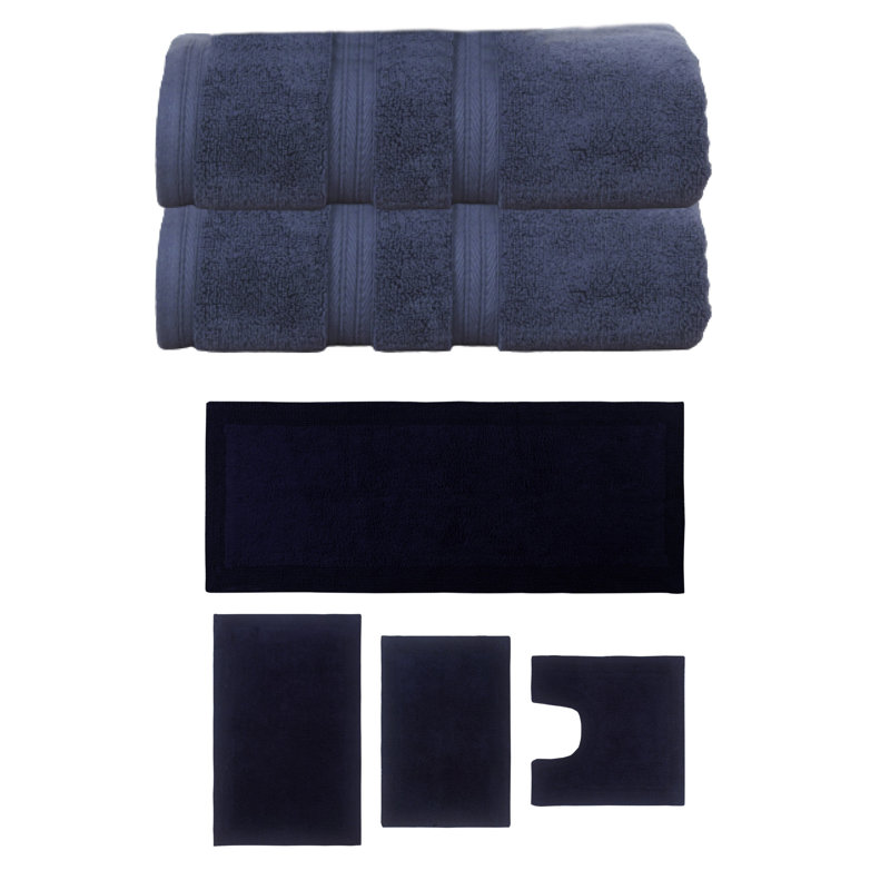 Ensemble de serviettes de bain et de tapis de bain 100% coton doux, réversible Buariki Collection, Marine