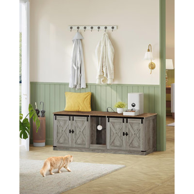 Enceinte pour litière pour chat 2 chats, armoire à litière cachée 55,2 po avec ports USB et prises de courant, maisonnette pour chat avec cloche de chat, style maison de campagne, grège
