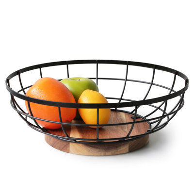 Metal Wire Fruit Bowl with Acacia Wood Base - Breathable Countertop Storage Basket for Fruits Veggies (12-inch)