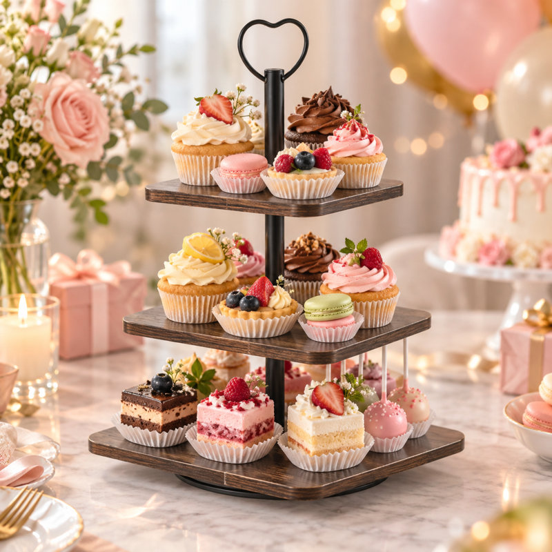 Présentoir rotatif à 3 étages pour petits gâteaux et desserts avec poignée, brun rustique