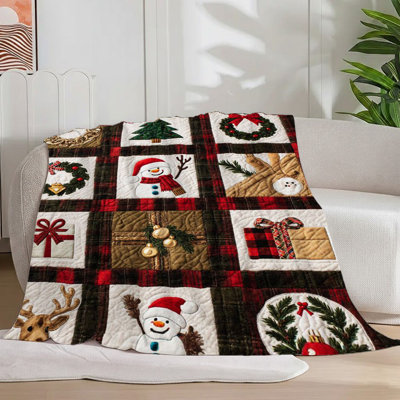 1 pièce doudou en flanelle patchwork de Noël avec couronne rouge / verte / dorée, bonhomme de neige, renne, cadeaux idéaux pour les fêtes, canapé / lit, 60 x 80